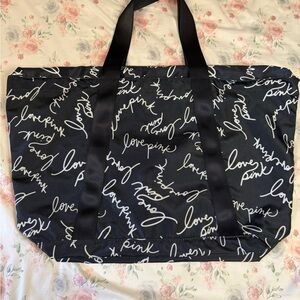 Victoria's‎ Secret Pink Love Pink Black Large Tote Bag 14x22 Script Print Travel